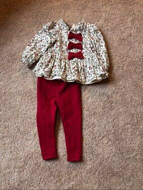 Tommy Bahama Cream Floral Top with Red Bow Accents & Red Leggings
